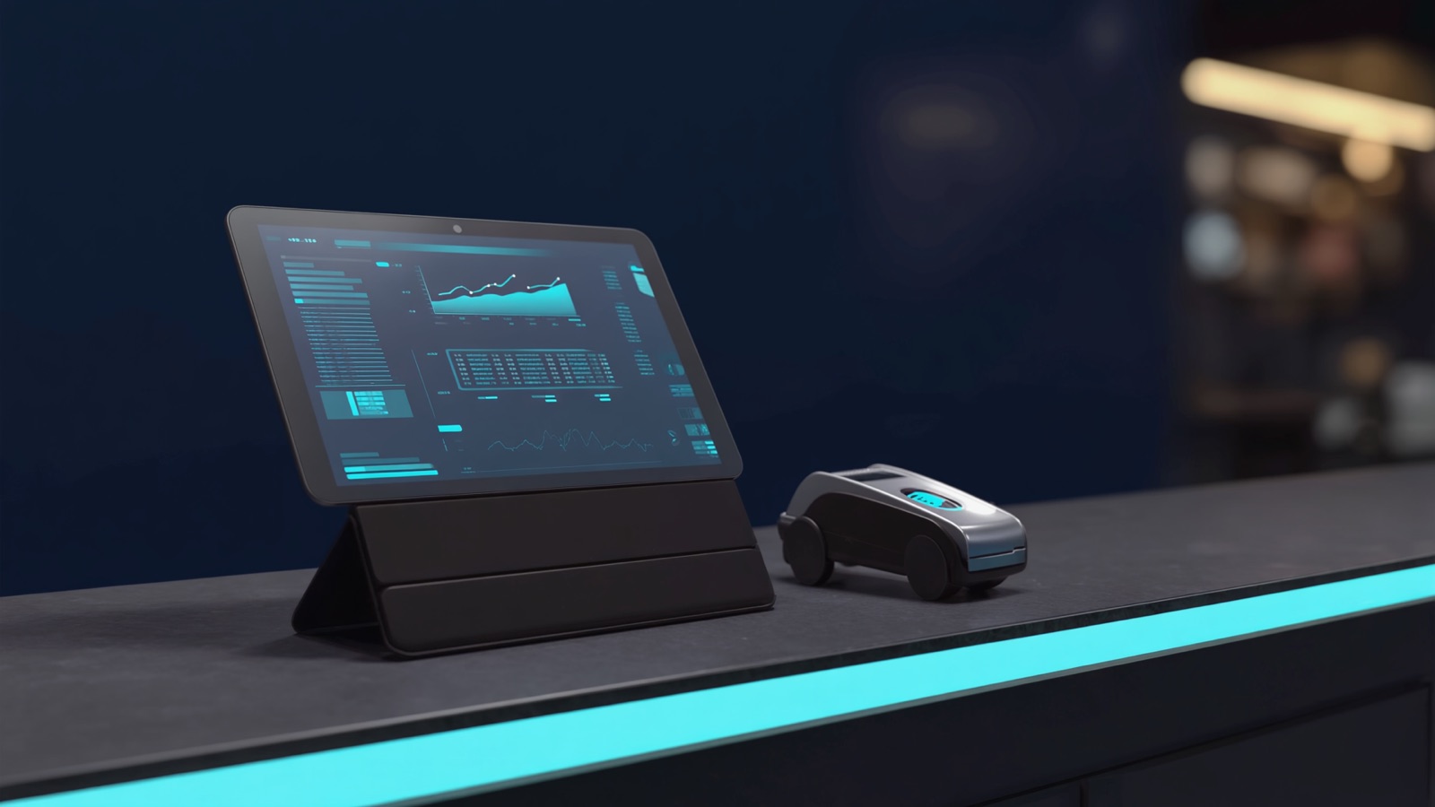 Envoy register tablet beside a MagTek card reader on a dark counter with cyan accent lighting